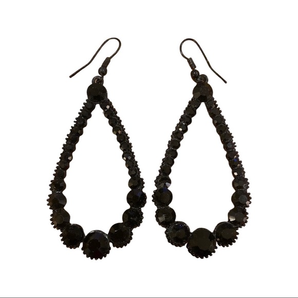 Vintage Costume Jewellery Black Rhinestone Teardrop Dangle Earrings - Picture 6 of 11